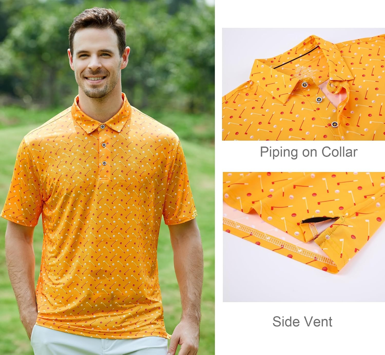 image:imageAlex Vando Mens Golf Shirt Moisture Wicking Print Performance Polo Shirt UPF40 UV shielding Lightweight Contrast collar piping Fullbody patterns Machine washable Multisport topYellow Golf Club