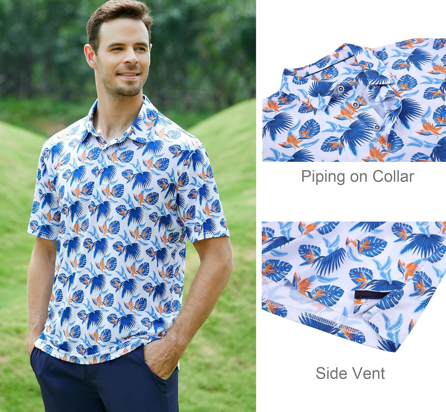 image:imageAlex Vando Mens Golf Shirt Moisture Wicking Print Performance Polo Shirt UPF40 UV shielding Lightweight Contrast collar piping Fullbody patterns Machine washable Multisport topRoyal Leaf