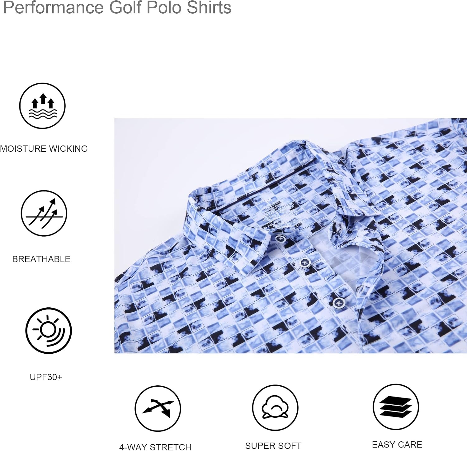 image:imageAlex Vando Mens Golf Shirt Moisture Wicking Print Performance Polo Shirt UPF40 UV shielding Lightweight Contrast collar piping Fullbody patterns Machine washable Multisport topDark Blue Square