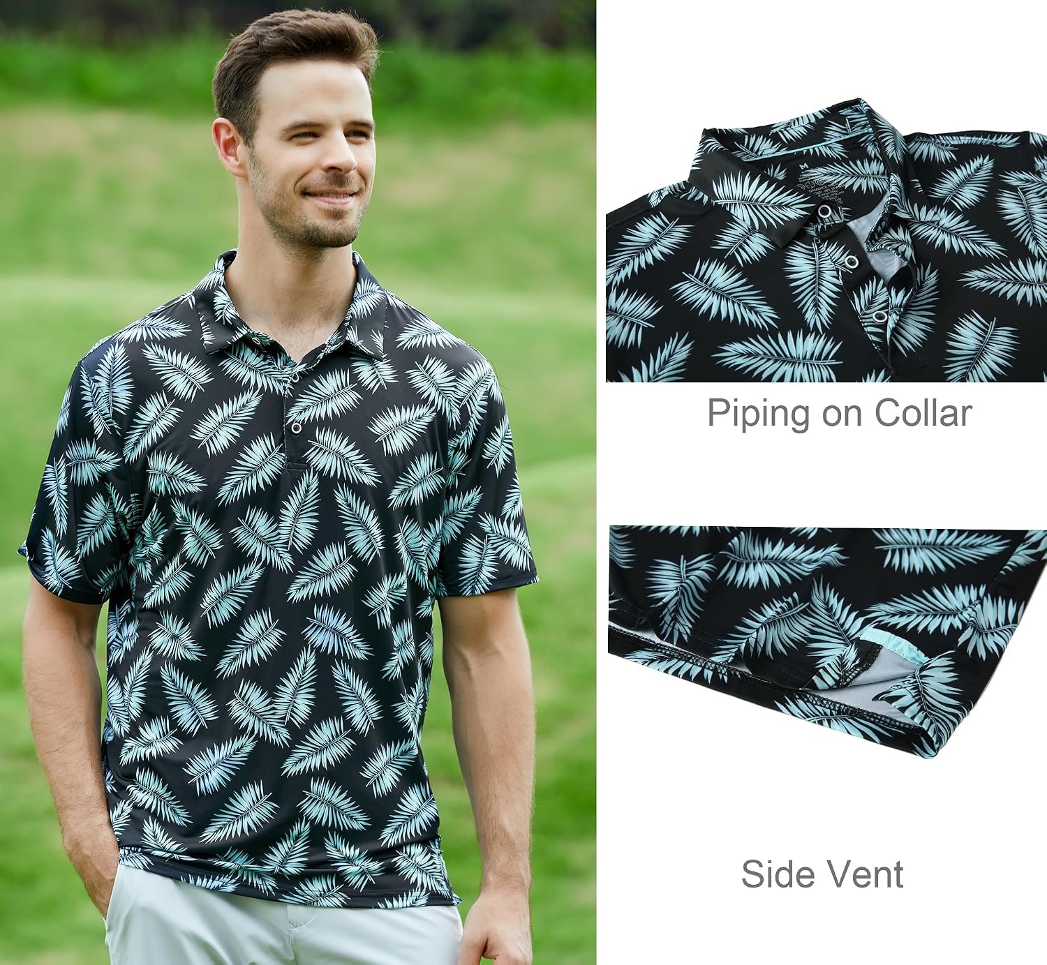 image:imageAlex Vando Mens Golf Shirt Moisture Wicking Print Performance Polo Shirt UPF40 UV shielding Lightweight Contrast collar piping Fullbody patterns Machine washable Multisport topBlack Palm Leaves