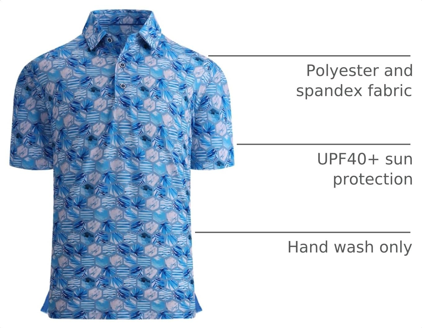 image:imageAlex Vando Mens Golf Shirt Moisture Wicking Print Performance Polo Shirt UPF40 UV shielding Lightweight Contrast collar piping Fullbody patterns Machine washable Multisport topGrey Hexagon