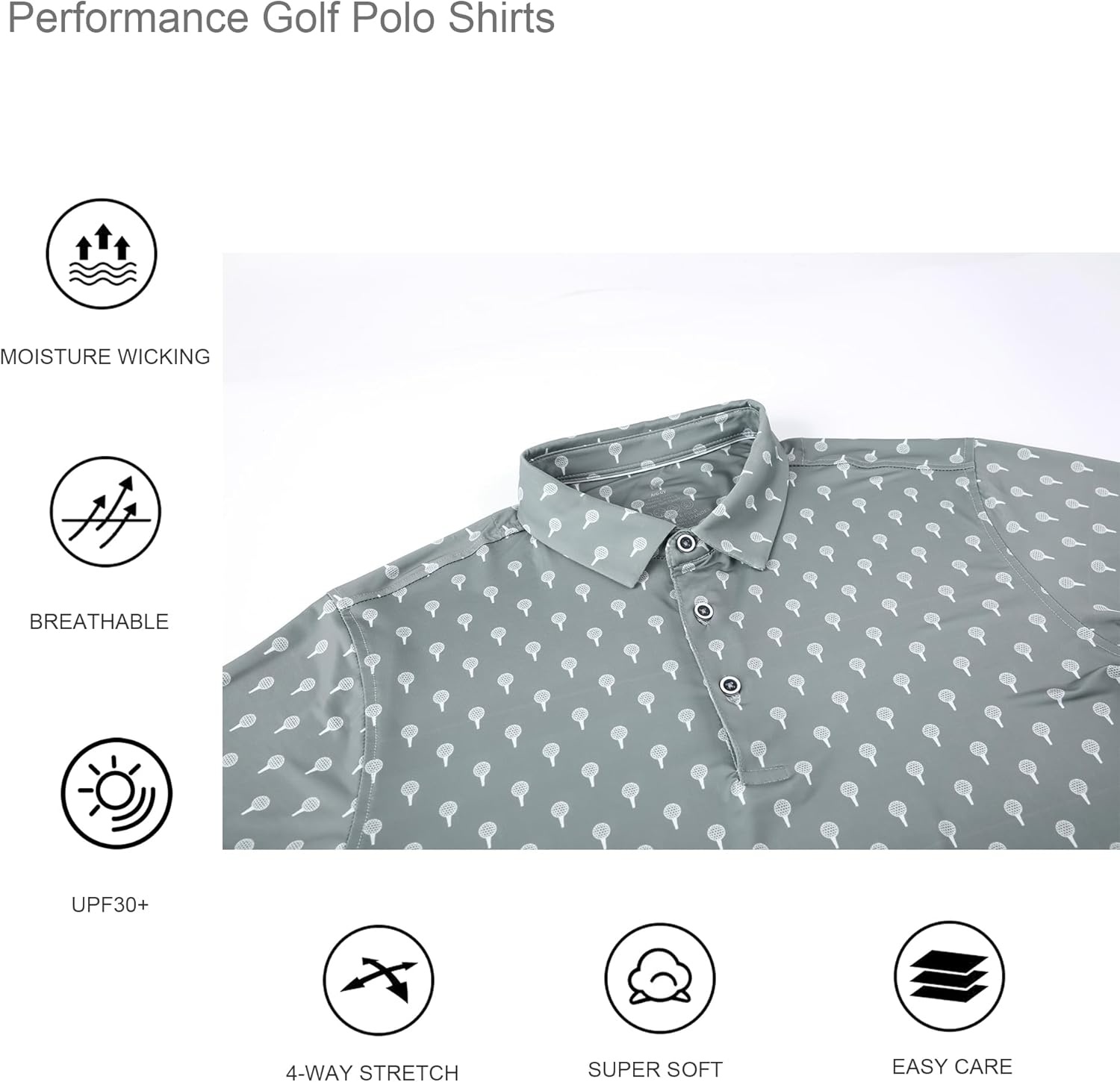 image:imageAlex Vando Mens Golf Shirt Moisture Wicking Print Performance Polo Shirt UPF40 UV shielding Lightweight Contrast collar piping Fullbody patterns Machine washable Multisport topGrey Ball