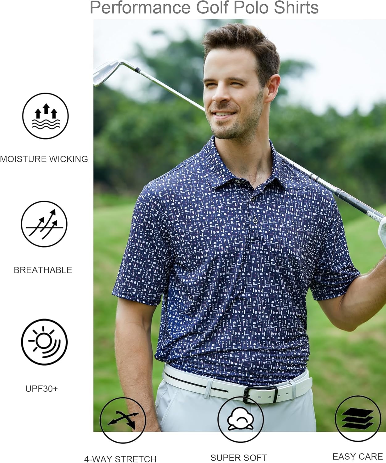 image:imageAlex Vando Mens Golf Shirt Moisture Wicking Print Performance Polo Shirt UPF40 UV shielding Lightweight Contrast collar piping Fullbody patterns Machine washable Multisport topNavy Golf Element