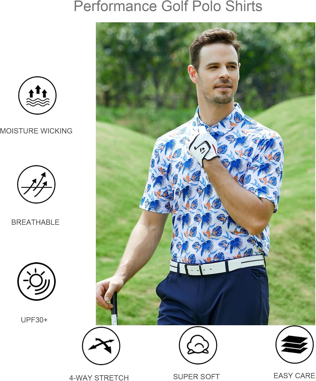image:imageAlex Vando Mens Golf Shirt Moisture Wicking Print Performance Polo Shirt UPF40 UV shielding Lightweight Contrast collar piping Fullbody patterns Machine washable Multisport topRoyal Leaf