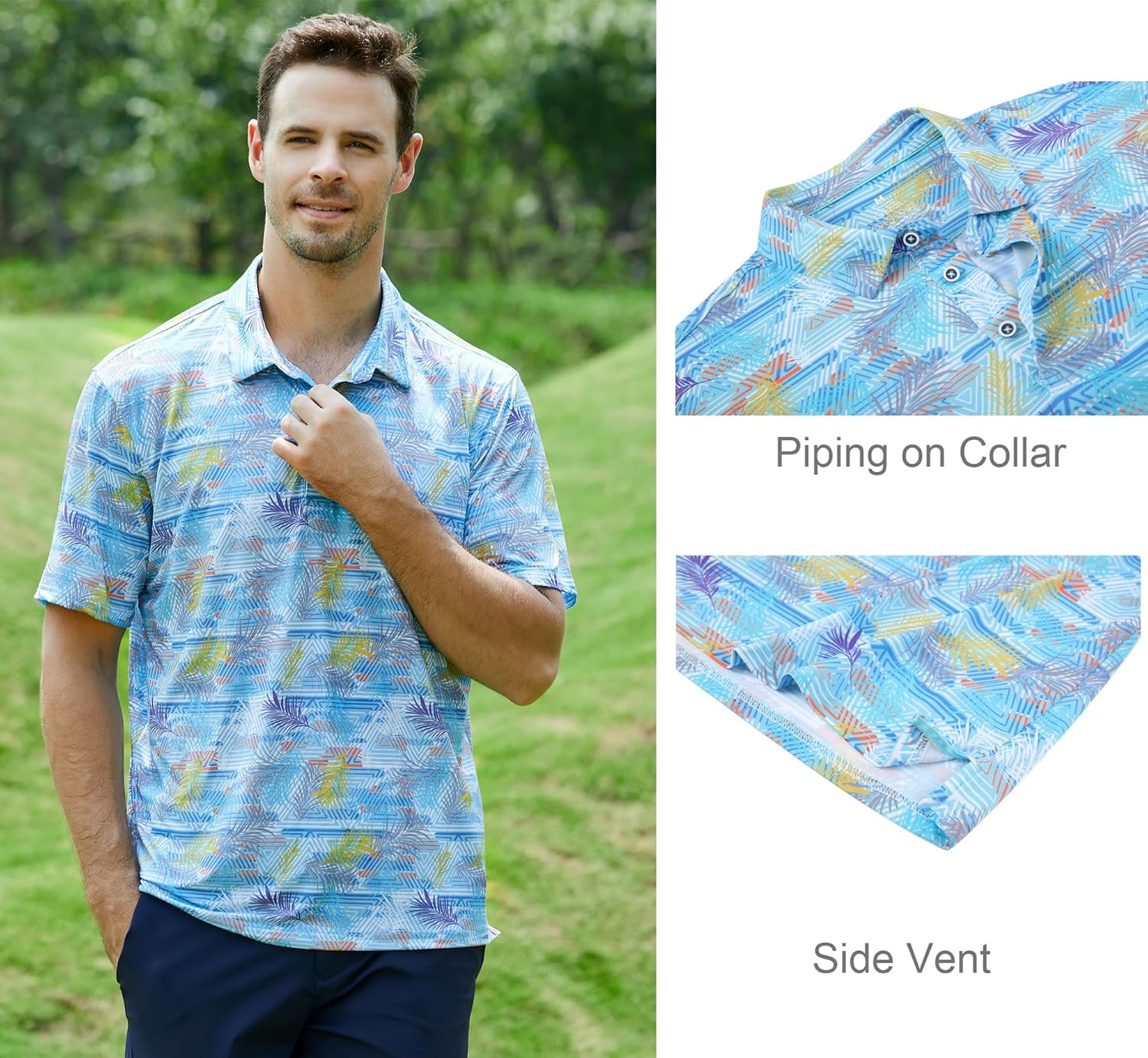 image:imageAlex Vando Mens Golf Shirt Moisture Wicking Print Performance Polo Shirt UPF40 UV shielding Lightweight Contrast collar piping Fullbody patterns Machine washable Multisport topBlue Leaf