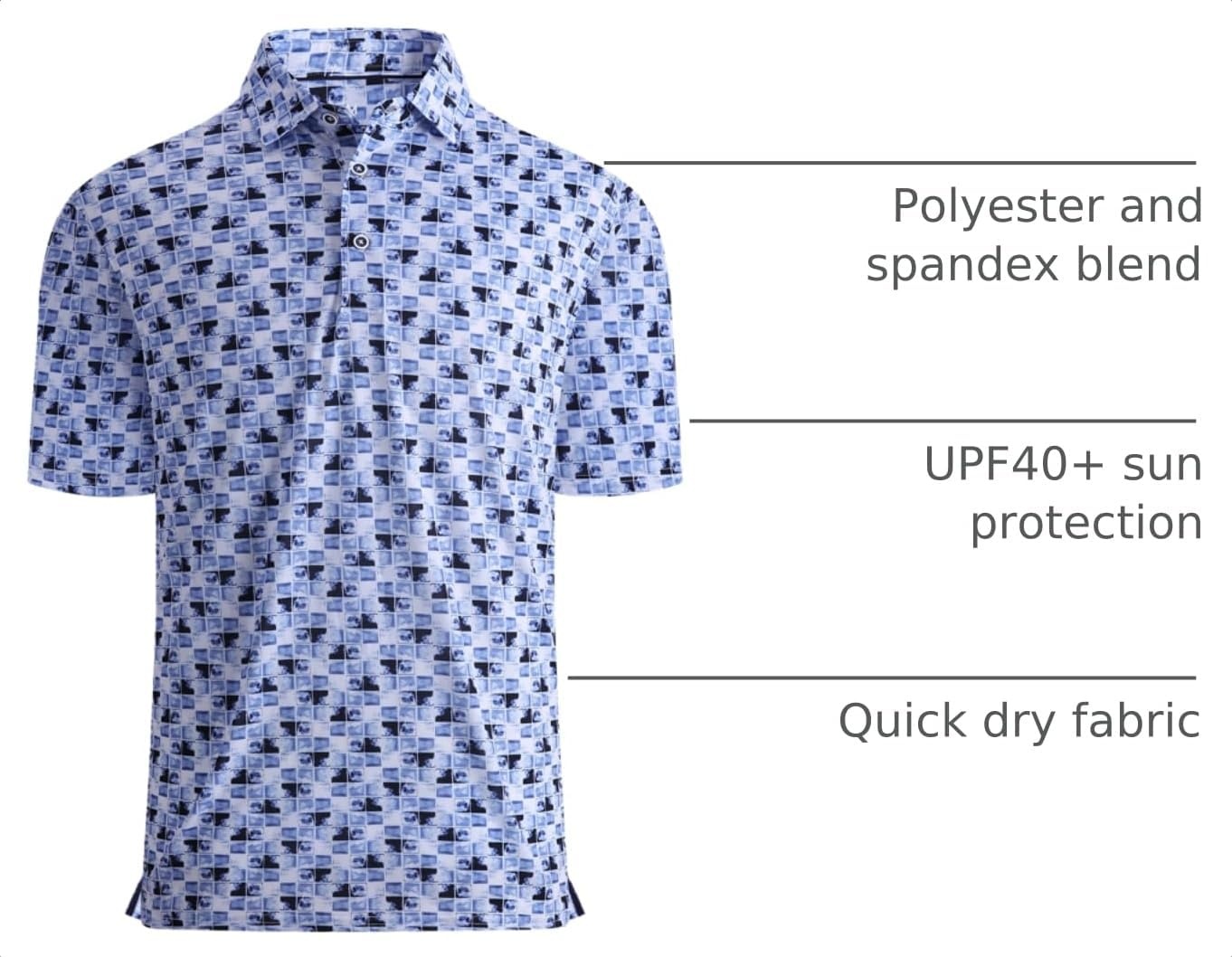 image:imageAlex Vando Mens Golf Shirt Moisture Wicking Print Performance Polo Shirt UPF40 UV shielding Lightweight Contrast collar piping Fullbody patterns Machine washable Multisport topDark Blue Square