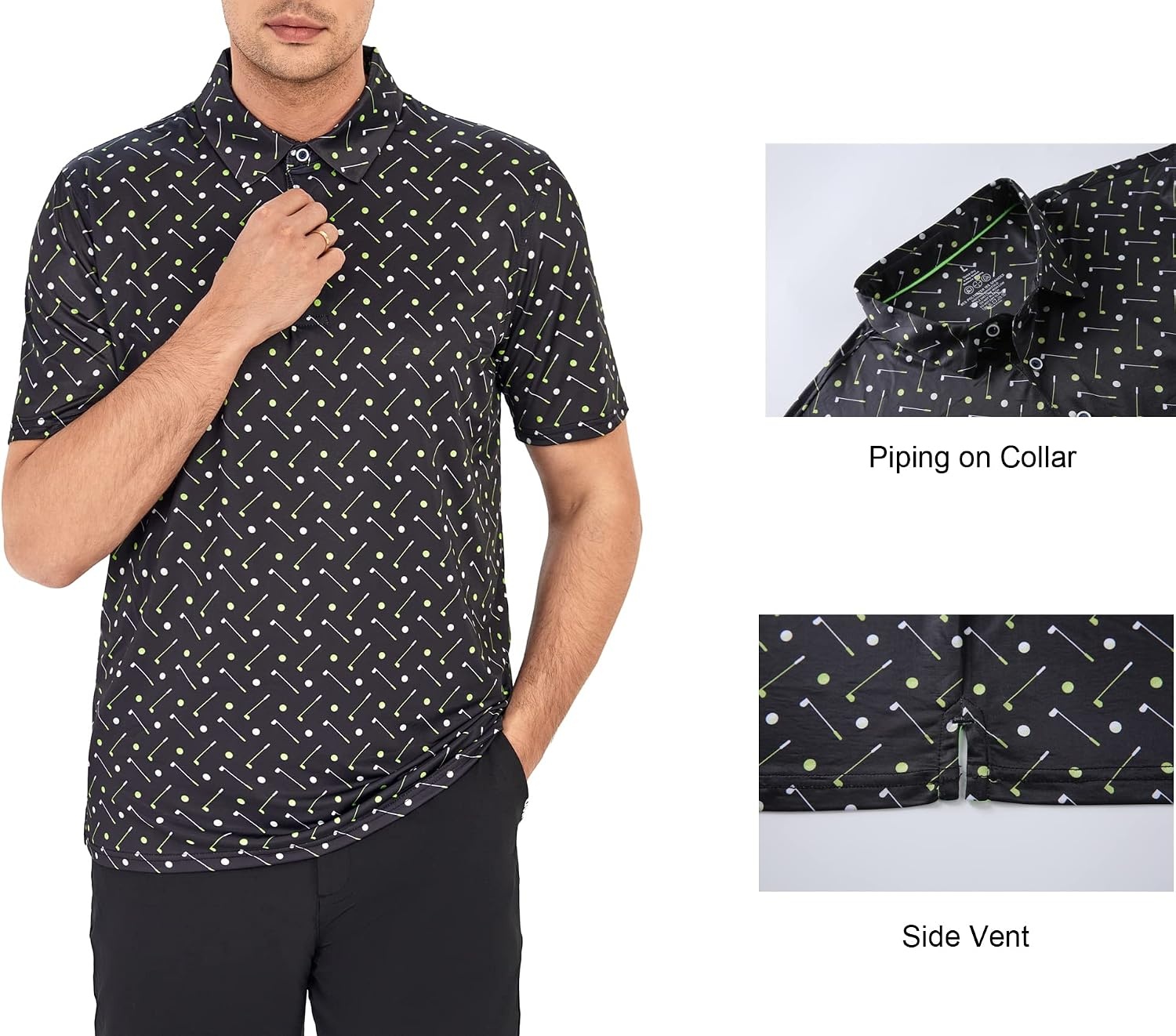 image:imageAlex Vando Mens Golf Shirt Moisture Wicking Print Performance Polo Shirt UPF40 UV shielding Lightweight Contrast collar piping Fullbody patterns Machine washable Multisport topBlack Golf