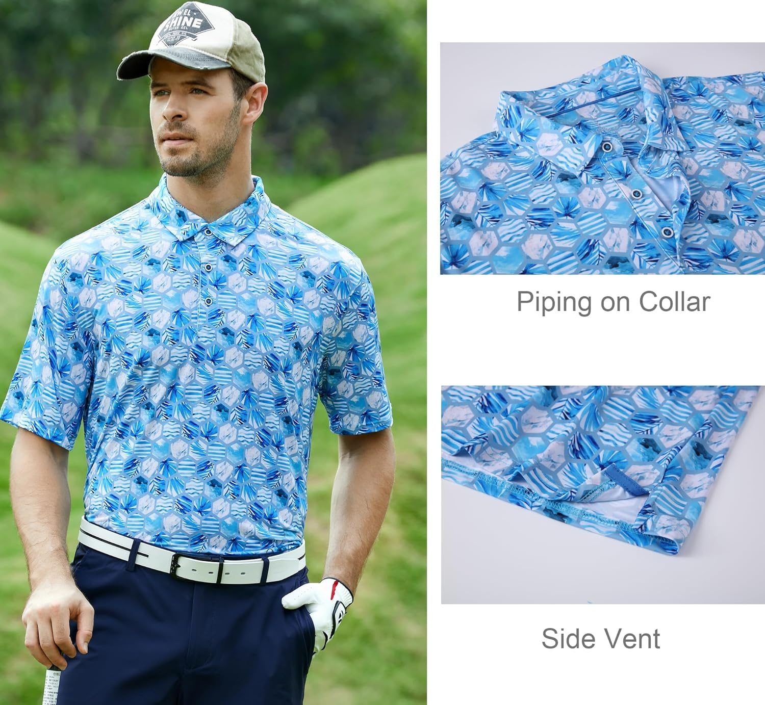 image:imageAlex Vando Mens Golf Shirt Moisture Wicking Print Performance Polo Shirt UPF40 UV shielding Lightweight Contrast collar piping Fullbody patterns Machine washable Multisport topGrey Hexagon