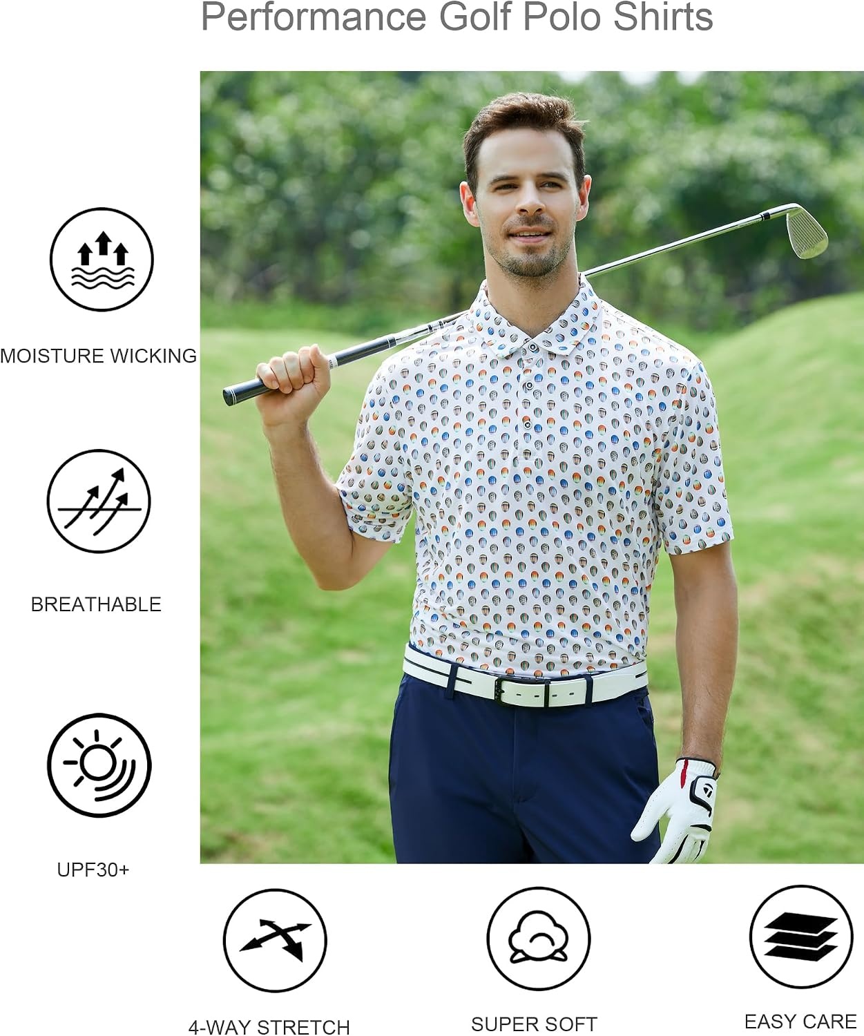 image:imageAlex Vando Mens Golf Shirt Moisture Wicking Print Performance Polo Shirt UPF40 UV shielding Lightweight Contrast collar piping Fullbody patterns Machine washable Multisport topMulticolor Ball