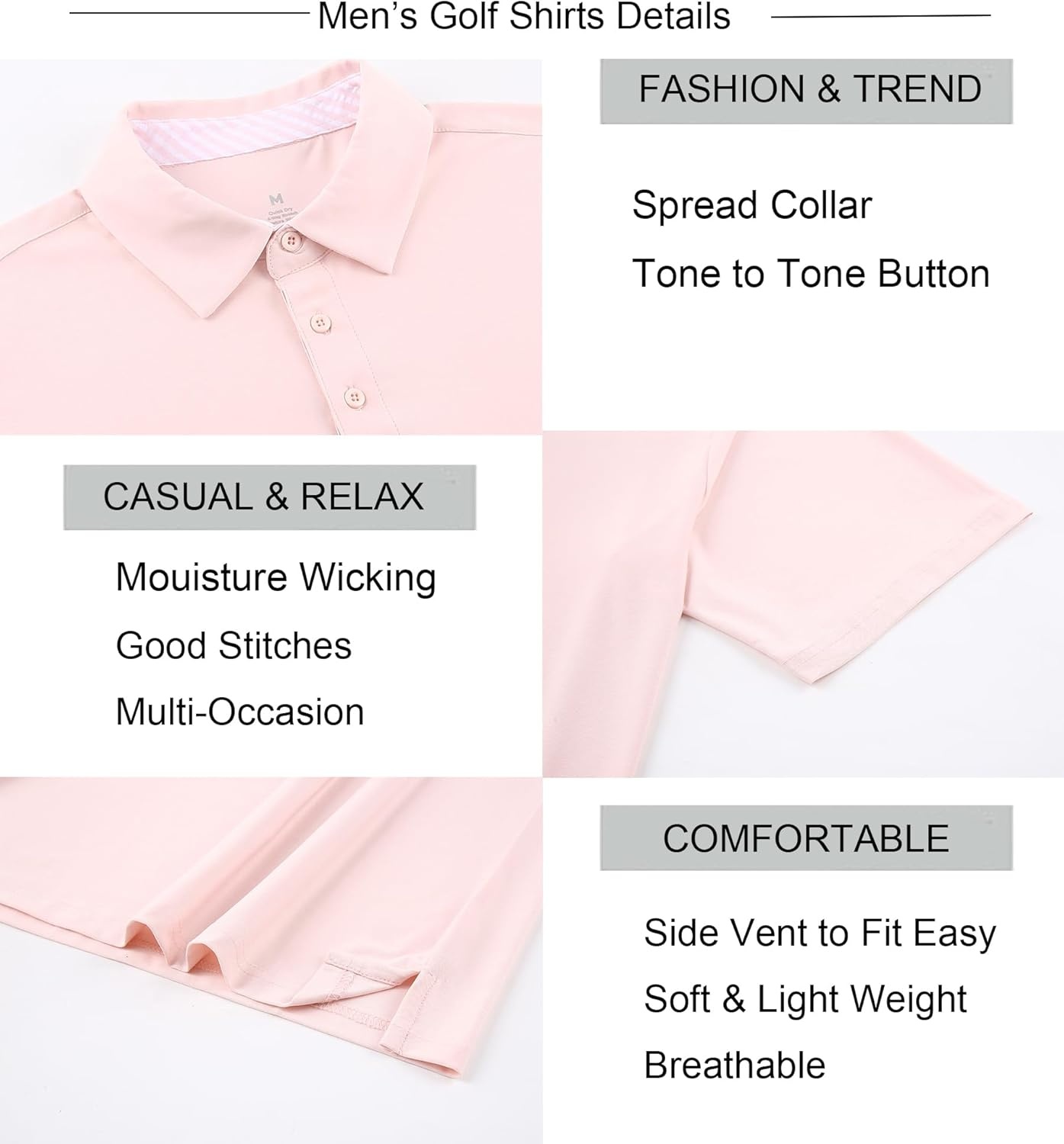 image:imageAlex Vando Mens Golf Shirt Moisture Wicking QuickDry Short Sleeve Polo UPF40Soft amp stretchSweat resistantMultiscene sports amp office apparelLt Pink