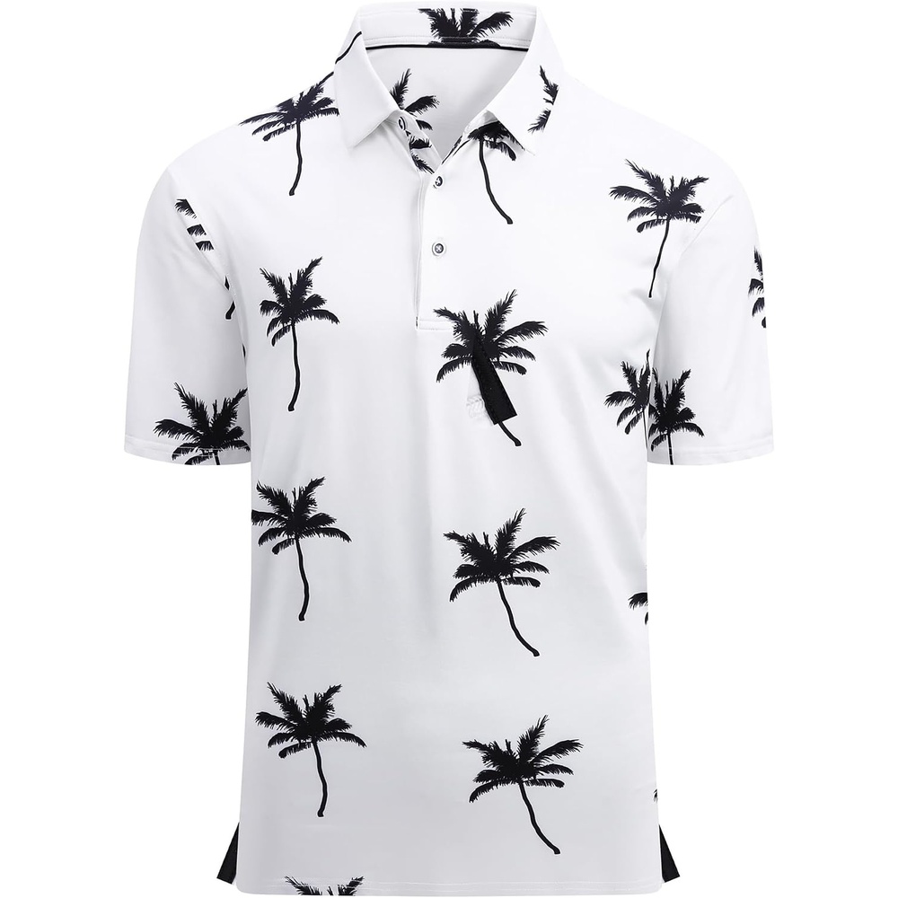 image:imageAlex Vando Mens Golf Shirt Moisture Wicking Print Performance Polo Shirt UPF40 UV shielding Lightweight Contrast collar piping Fullbody patterns Machine washable Multisport topWhite Palm Tree