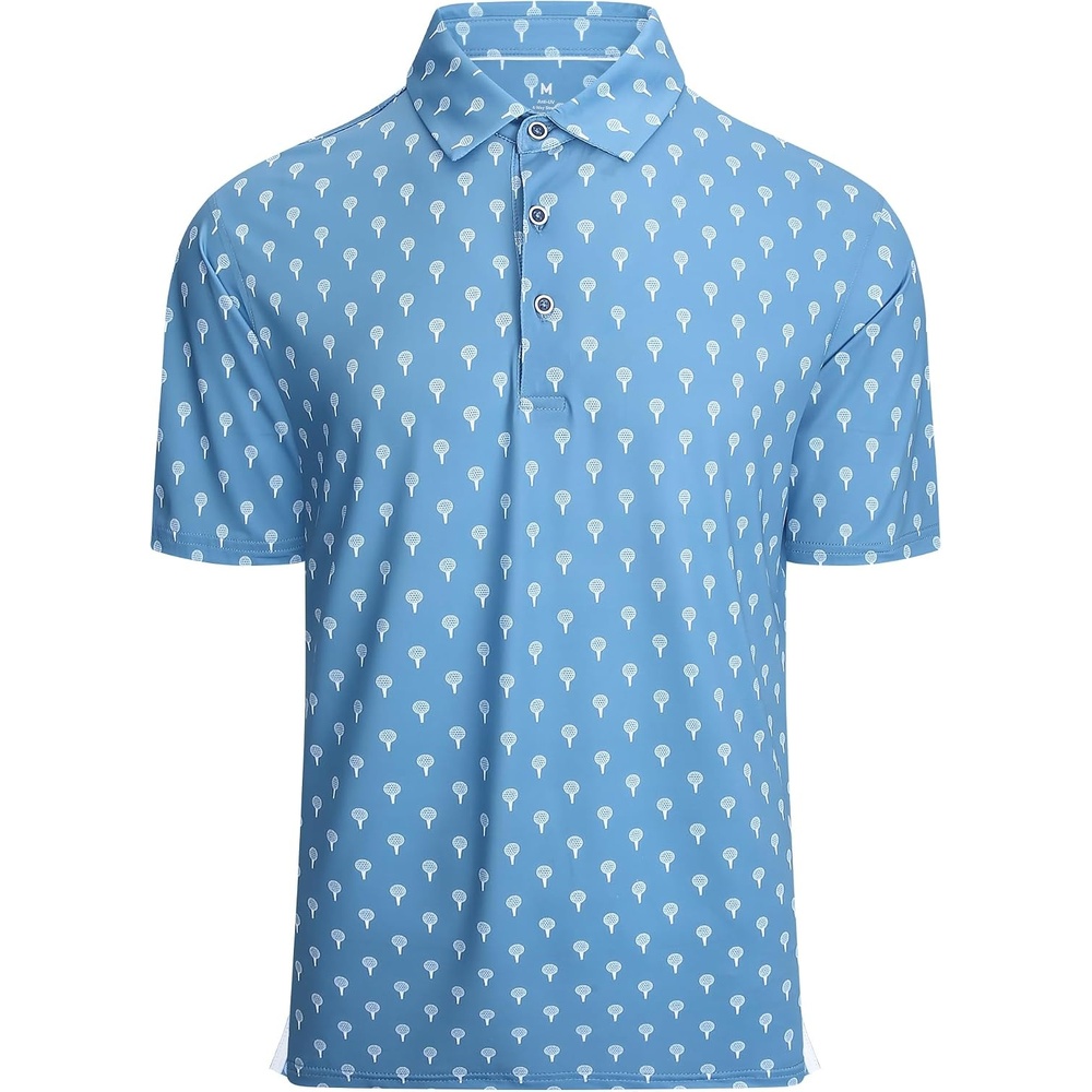 image:imageAlex Vando Mens Golf Shirt Moisture Wicking Print Performance Polo Shirt UPF40 UV shielding Lightweight Contrast collar piping Fullbody patterns Machine washable Multisport topDusty Blue Ball