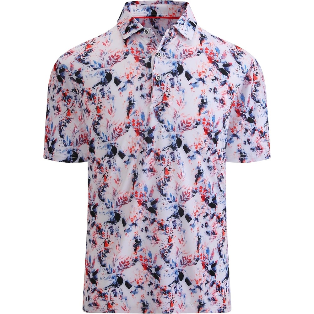 image:imageAlex Vando Mens Golf Shirt Moisture Wicking Print Performance Polo Shirt UPF40 UV shielding Lightweight Contrast collar piping Fullbody patterns Machine washable Multisport topRed Navy Leaf