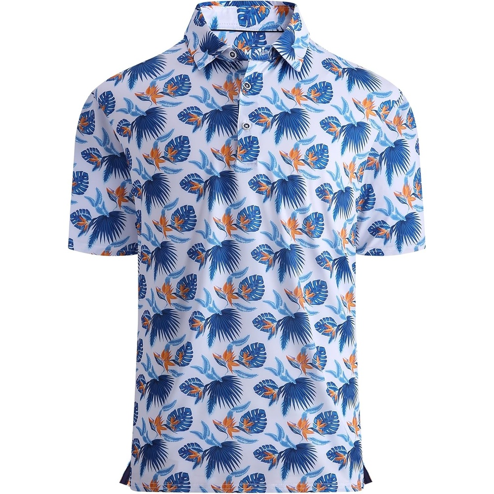 image:imageAlex Vando Mens Golf Shirt Moisture Wicking Print Performance Polo Shirt UPF40 UV shielding Lightweight Contrast collar piping Fullbody patterns Machine washable Multisport topRoyal Leaf