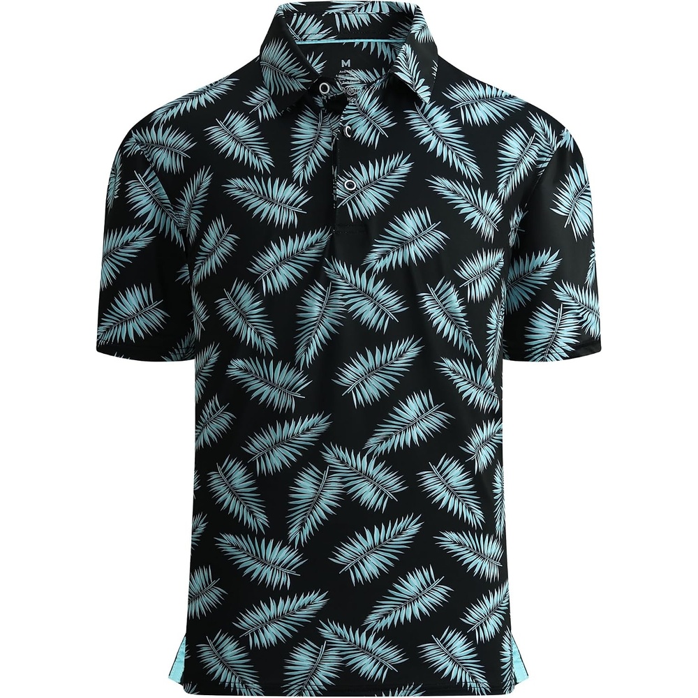 image:imageAlex Vando Mens Golf Shirt Moisture Wicking Print Performance Polo Shirt UPF40 UV shielding Lightweight Contrast collar piping Fullbody patterns Machine washable Multisport topBlack Palm Leaves