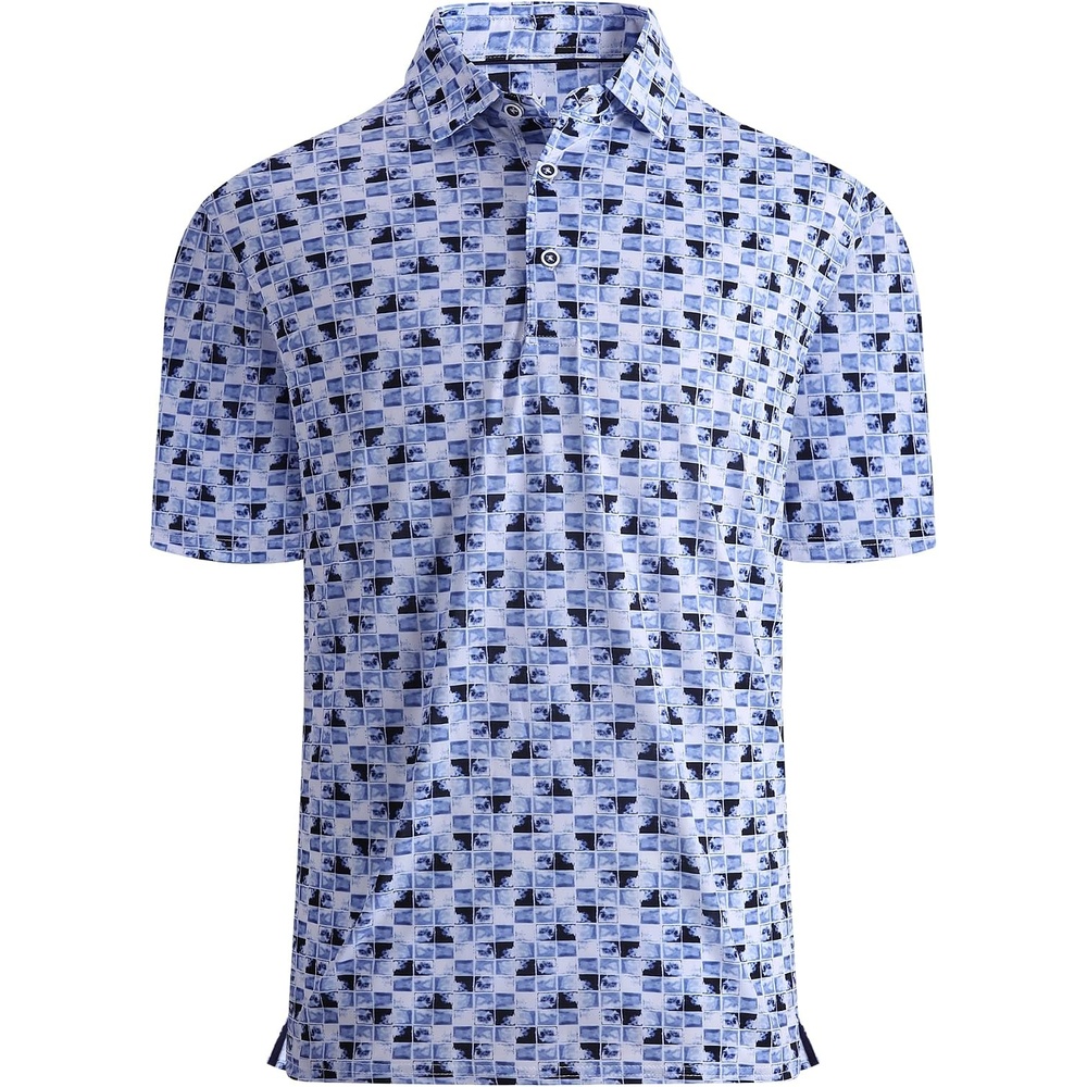 image:imageAlex Vando Mens Golf Shirt Moisture Wicking Print Performance Polo Shirt UPF40 UV shielding Lightweight Contrast collar piping Fullbody patterns Machine washable Multisport topDark Blue Square
