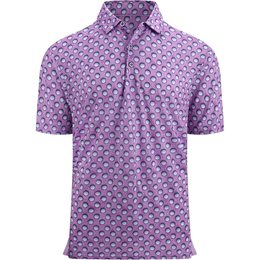 image:imageAlex Vando Mens Golf Shirt Moisture Wicking Print Performance Polo Shirt UPF40 UV shielding Lightweight Contrast collar piping Fullbody patterns Machine washable Multisport topPurple Golf Ball