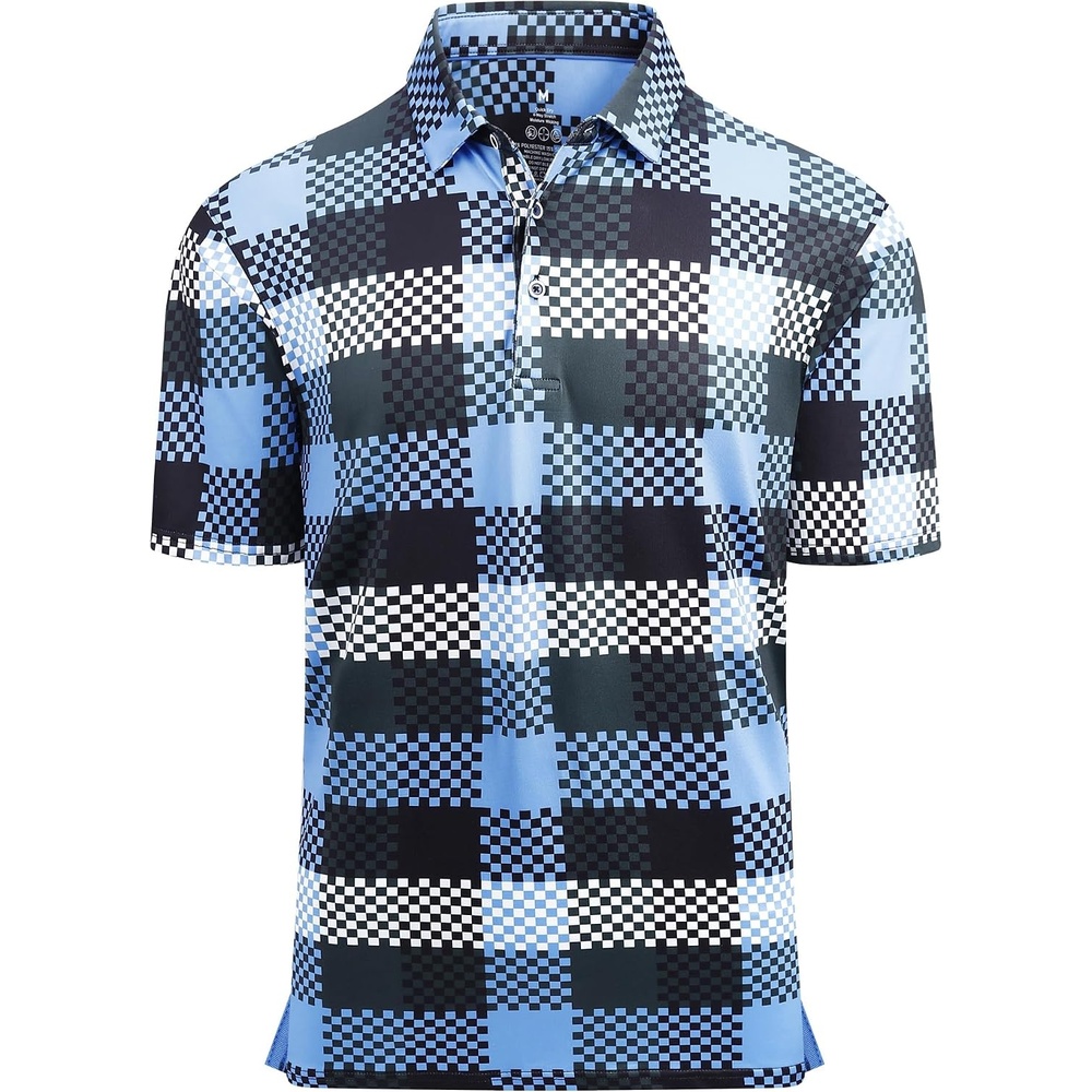 image:imageAlex Vando Mens Golf Shirt Moisture Wicking Print Performance Polo Shirt UPF40 UV shielding Lightweight Contrast collar piping Fullbody patterns Machine washable Multisport topBlue Plaid