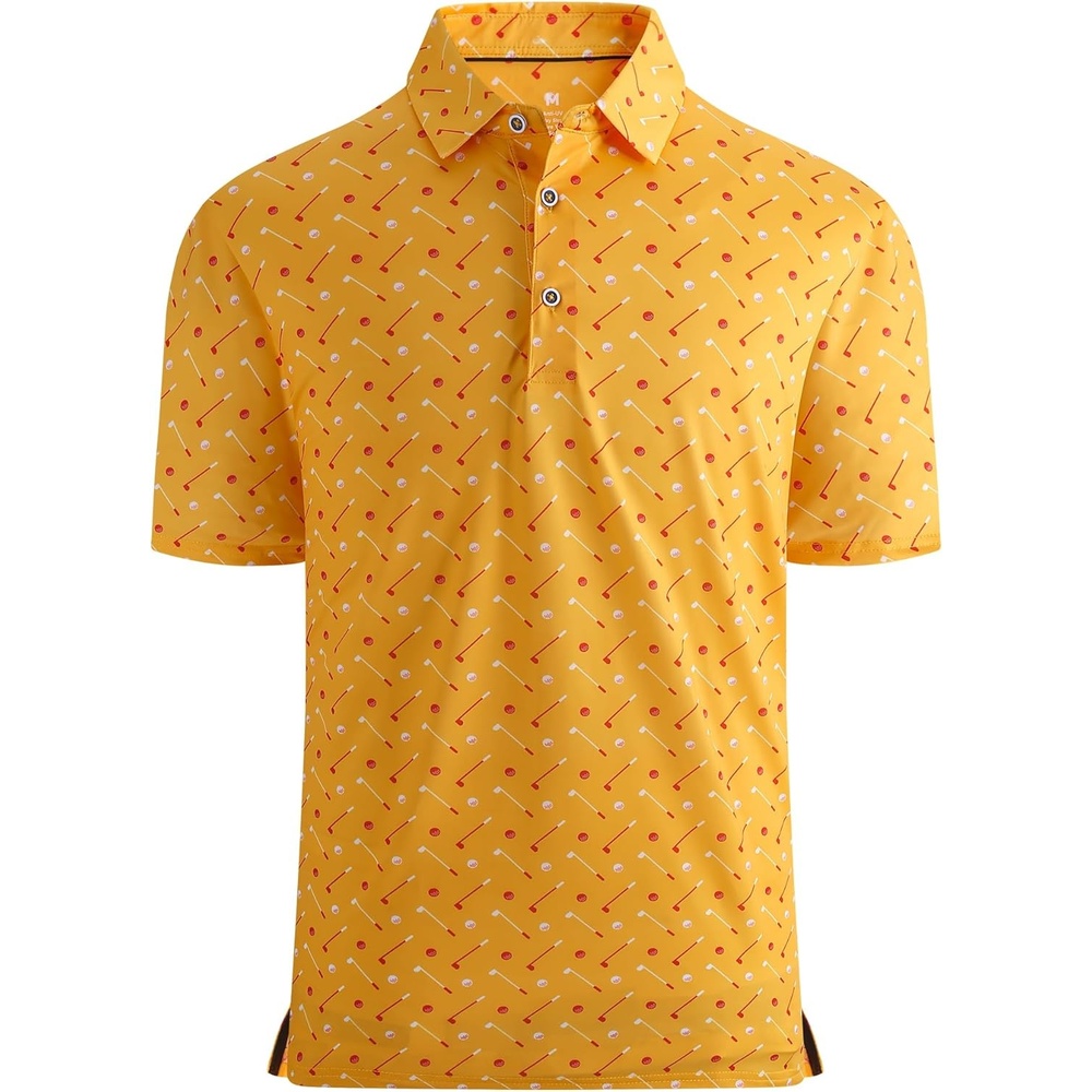 image:imageAlex Vando Mens Golf Shirt Moisture Wicking Print Performance Polo Shirt UPF40 UV shielding Lightweight Contrast collar piping Fullbody patterns Machine washable Multisport topYellow Golf Club