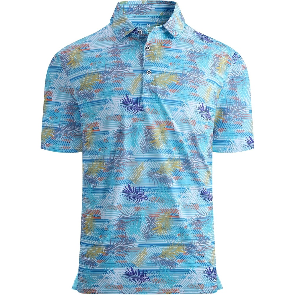 image:imageAlex Vando Mens Golf Shirt Moisture Wicking Print Performance Polo Shirt UPF40 UV shielding Lightweight Contrast collar piping Fullbody patterns Machine washable Multisport topBlue Leaf