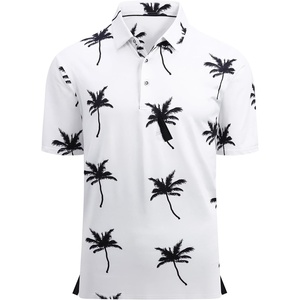 Alex Vando Mens Golf Shirt Moisture Wicking Print Performance Polo Shirt | UPF40 UV shielding, Lightweight, Contrast collar piping, Full-body patterns, Machine washable, Multi-sport top(White Palm Tree)