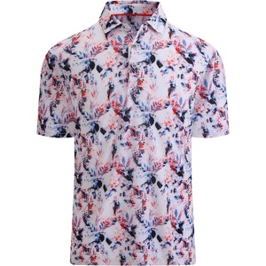 Alex Vando Mens Golf Shirt Moisture Wicking Print Performance Polo Shirt | UPF40 UV shielding, Lightweight, Contrast collar piping, Full-body patterns, Machine washable, Multi-sport top(Red Navy Leaf)