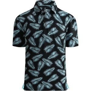 Alex Vando Mens Golf Shirt Moisture Wicking Print Performance Polo Shirt | UPF40 UV shielding, Lightweight, Contrast collar piping, Full-body patterns, Machine washable, Multi-sport top(Black Palm Leaves)
