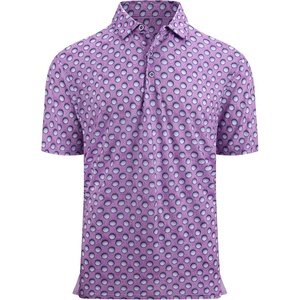 Alex Vando Mens Golf Shirt Moisture Wicking Print Performance Polo Shirt | UPF40 UV shielding, Lightweight, Contrast collar piping, Full-body patterns, Machine washable, Multi-sport top(Purple Golf Ball)