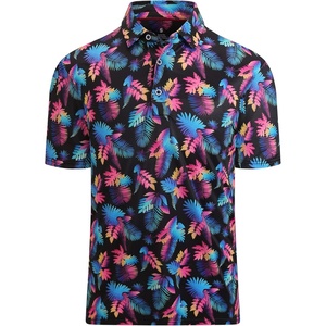 Alex Vando Mens Golf Shirt Moisture Wicking Print Performance Polo Shirt | UPF40 UV shielding, Lightweight, Contrast collar piping, Full-body patterns, Machine washable, Multi-sport top(Black Leaf)
