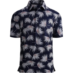 Alex Vando Mens Golf Shirt Moisture Wicking Print Performance Polo Shirt | UPF40 UV shielding, Lightweight, Contrast collar piping, Full-body patterns, Machine washable, Multi-sport top(White Palm Leaves)