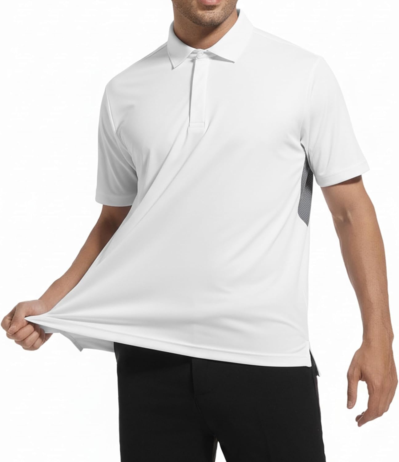 image:imageAlex Vando Mens Golf Polo Shirt Textured Stretch Performance Polo Structured Collar Textured Knit Finish 8Way Stretch Regular Fit True to Size 87 Nylon 13 Spandex Machine WashableWhite