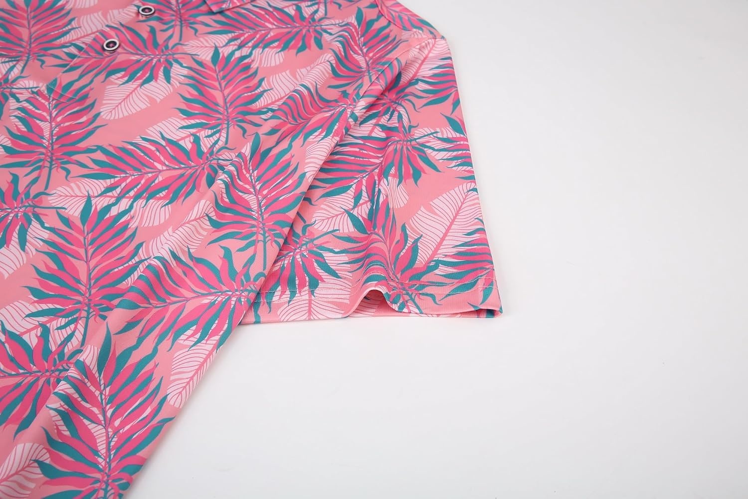 image:imageAlex Vando Mens Hawaiian Golf Shirt Moisture Wicking Digital Print Polo Tropical vivid patterns Sweatabsorbing Flexible stretch weave Side air slits Unrestricted daily activityPink Blue Palm Fronds
