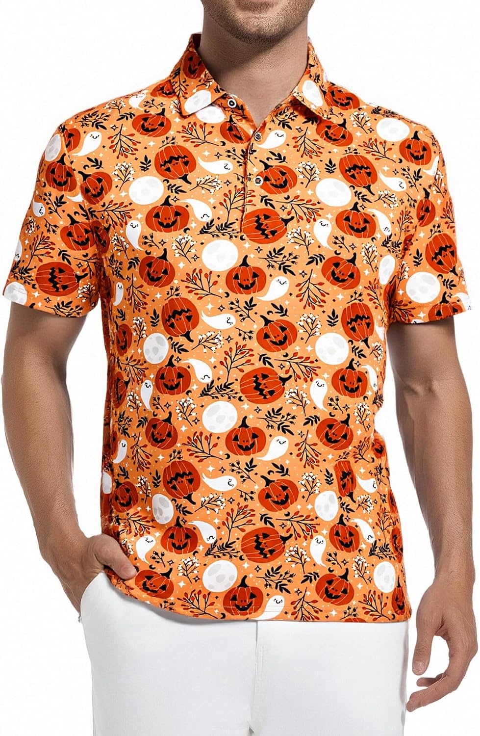 image:imageAlex Vando Mens Hawaiian Golf Shirt Moisture Wicking Digital Print Polo Tropical vivid patterns Sweatabsorbing Flexible stretch weave Side air slits Unrestricted daily activityOrange Pumpkin