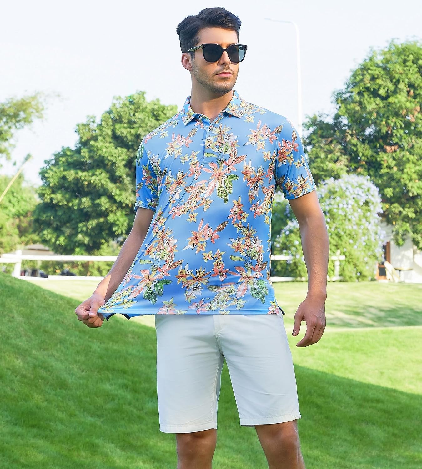 image:imageAlex Vando Mens Hawaiian Golf Shirt Moisture Wicking Digital Print Polo Tropical vivid patterns Sweatabsorbing Flexible stretch weave Side air slits Unrestricted daily activityYellow Flower