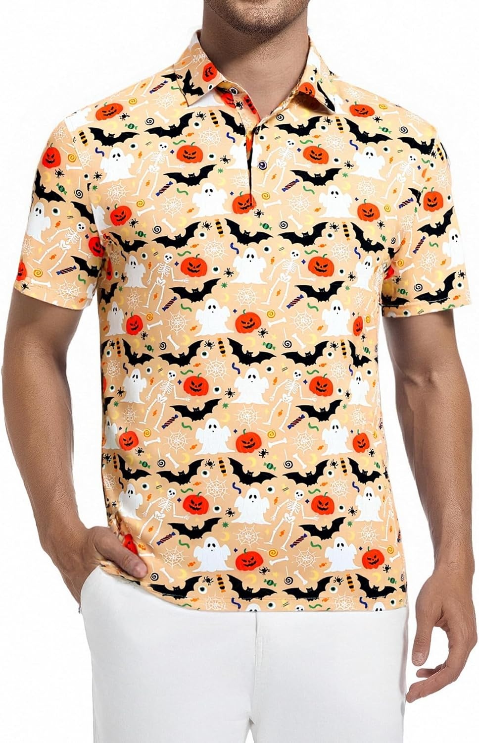 image:imageAlex Vando Mens Hawaiian Golf Shirt Moisture Wicking Digital Print Polo Tropical vivid patterns Sweatabsorbing Flexible stretch weave Side air slits Unrestricted daily activityKhaki Bat