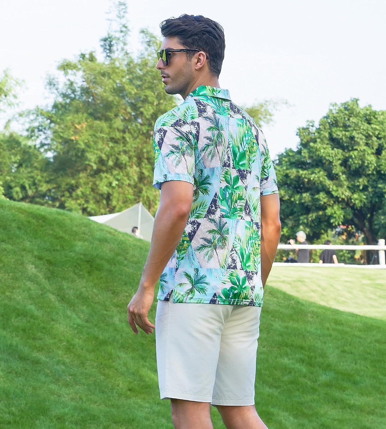 image:imageAlex Vando Mens Hawaiian Golf Shirt Moisture Wicking Digital Print Polo Tropical vivid patterns Sweatabsorbing Flexible stretch weave Side air slits Unrestricted daily activityNavy Palm