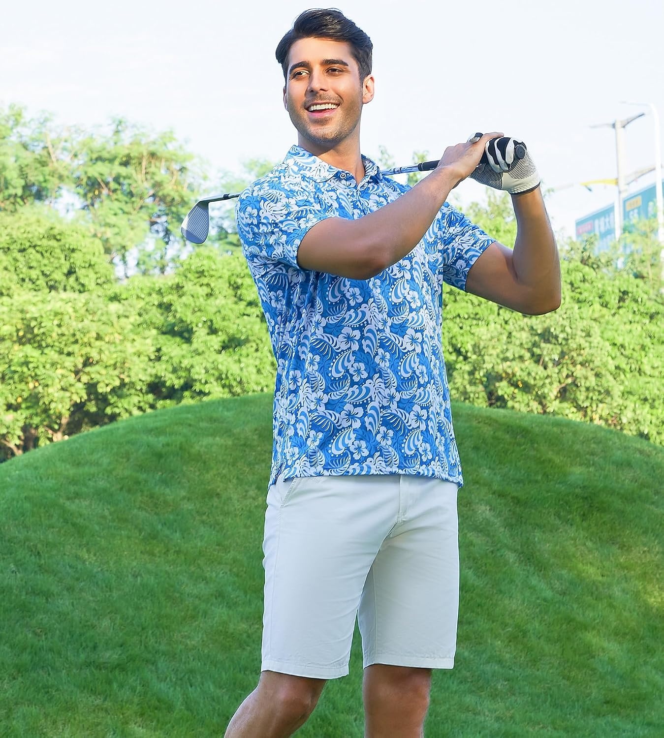 image:imageAlex Vando Mens Hawaiian Golf Shirt Moisture Wicking Digital Print Polo Tropical vivid patterns Sweatabsorbing Flexible stretch weave Side air slits Unrestricted daily activityTurquoise Leaf