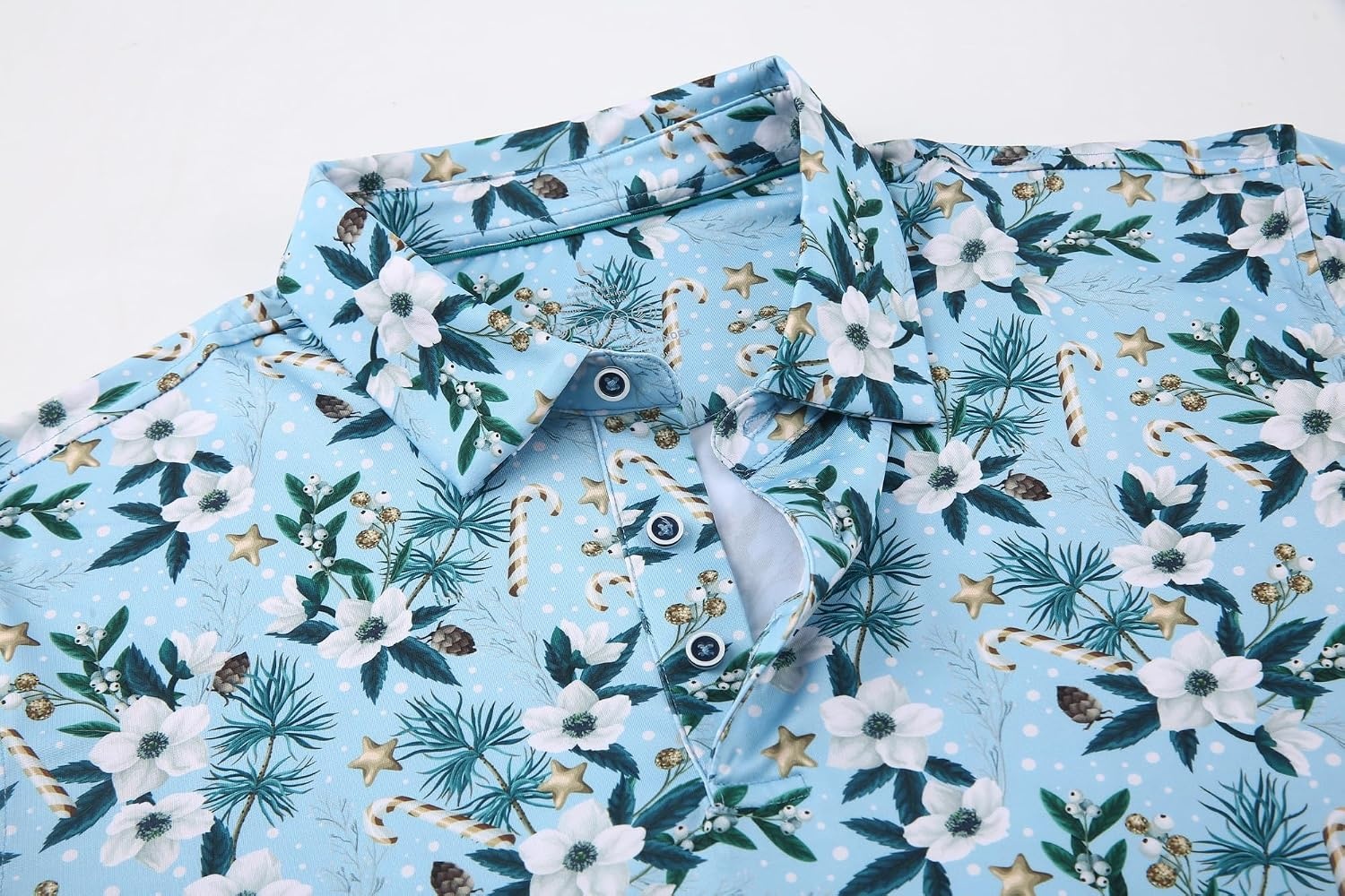 image:imageAlex Vando Mens Hawaiian Golf Shirt Moisture Wicking Digital Print Polo Tropical vivid patterns Sweatabsorbing Flexible stretch weave Side air slits Unrestricted daily activityWhite Christmas Flower
