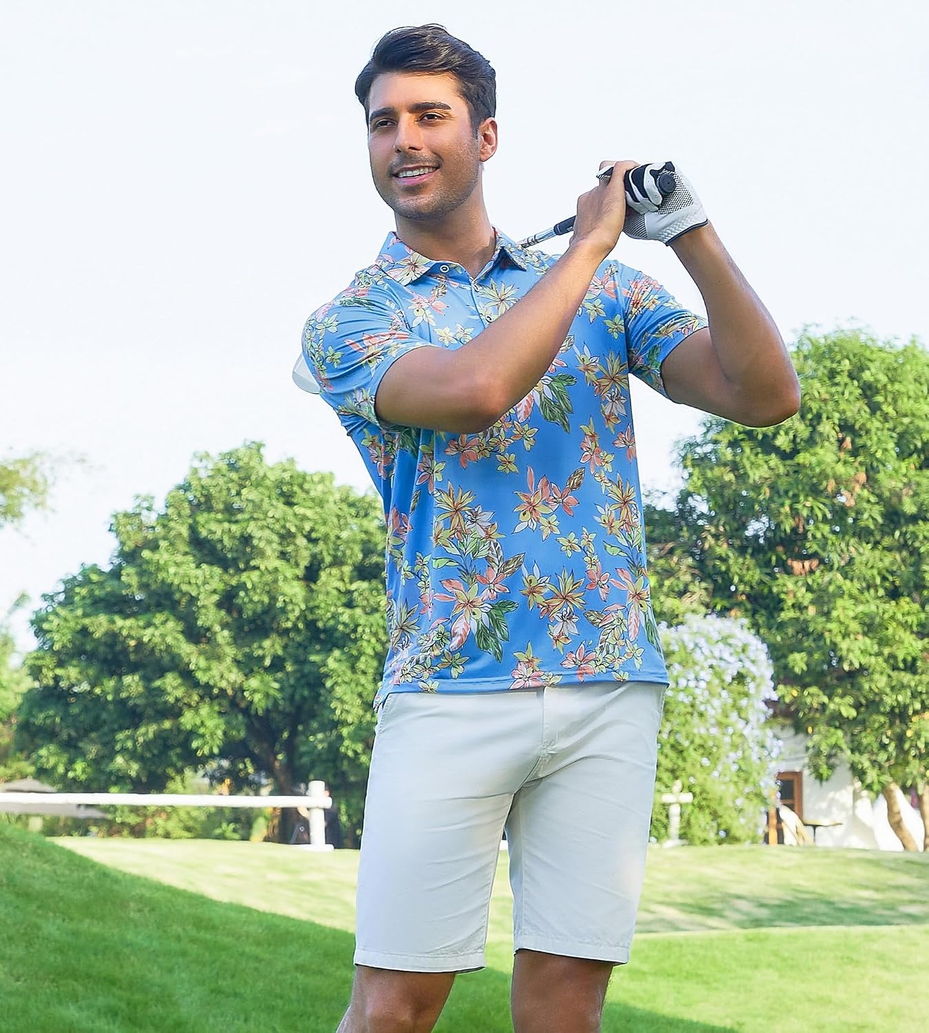 image:imageAlex Vando Mens Hawaiian Golf Shirt Moisture Wicking Digital Print Polo Tropical vivid patterns Sweatabsorbing Flexible stretch weave Side air slits Unrestricted daily activityYellow Flower