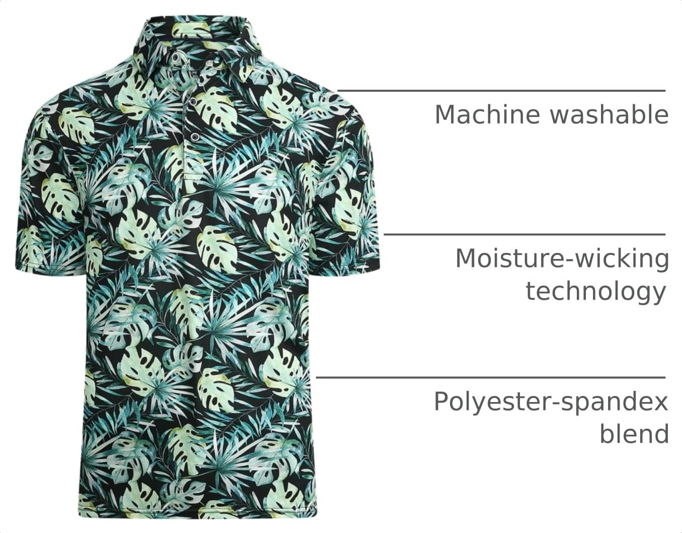 image:imageAlex Vando Mens Hawaiian Golf Shirt Moisture Wicking Digital Print Polo Tropical vivid patterns Sweatabsorbing Flexible stretch weave Side air slits Unrestricted daily activityGreen Leaf