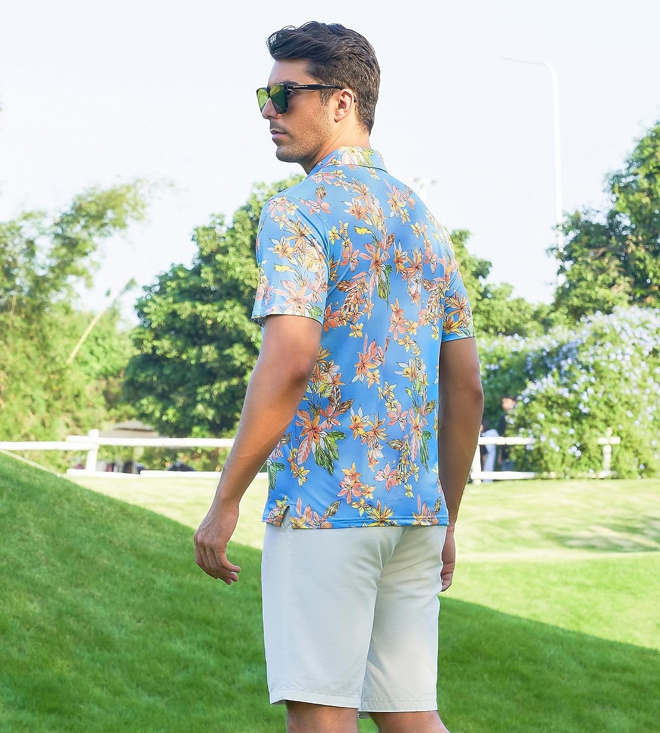 image:imageAlex Vando Mens Hawaiian Golf Shirt Moisture Wicking Digital Print Polo Tropical vivid patterns Sweatabsorbing Flexible stretch weave Side air slits Unrestricted daily activityYellow Flower