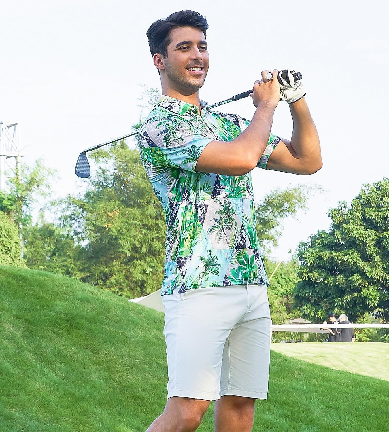 image:imageAlex Vando Mens Hawaiian Golf Shirt Moisture Wicking Digital Print Polo Tropical vivid patterns Sweatabsorbing Flexible stretch weave Side air slits Unrestricted daily activityNavy Palm