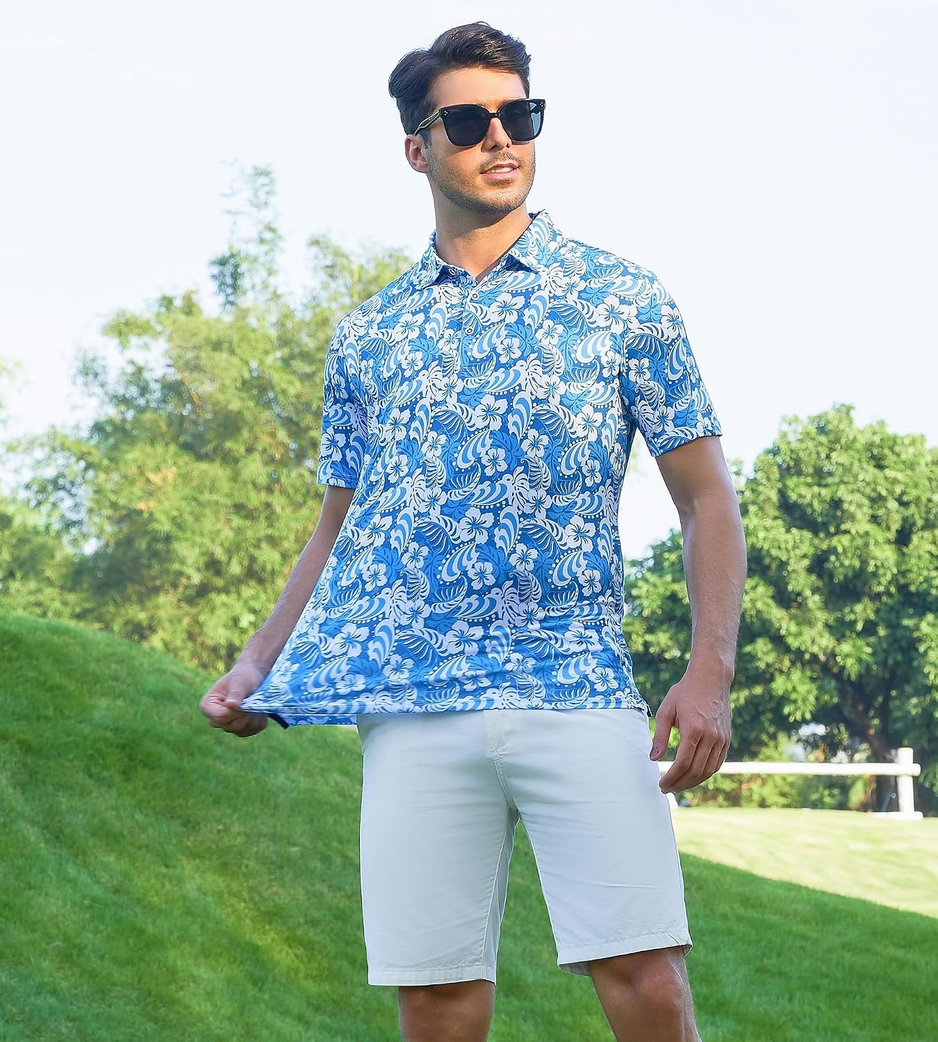 image:imageAlex Vando Mens Hawaiian Golf Shirt Moisture Wicking Digital Print Polo Tropical vivid patterns Sweatabsorbing Flexible stretch weave Side air slits Unrestricted daily activityTurquoise Leaf