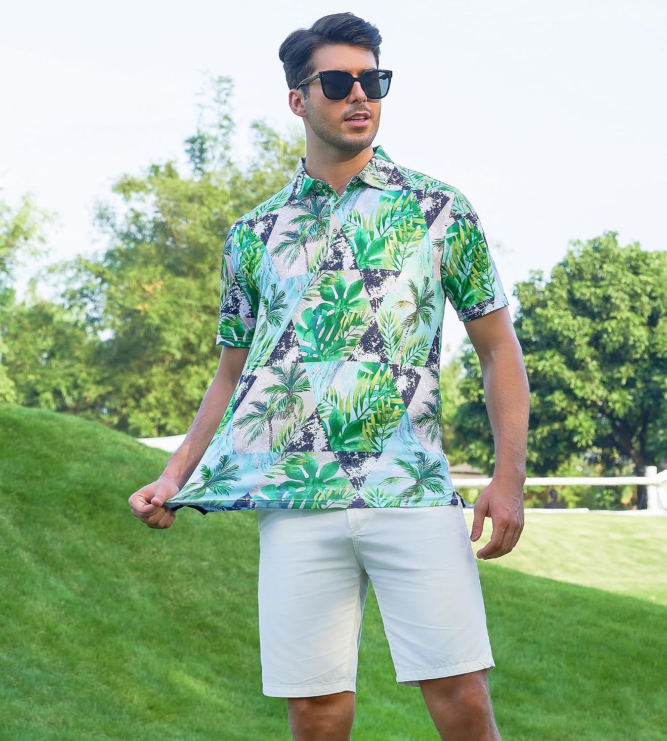 image:imageAlex Vando Mens Hawaiian Golf Shirt Moisture Wicking Digital Print Polo Tropical vivid patterns Sweatabsorbing Flexible stretch weave Side air slits Unrestricted daily activityNavy Palm