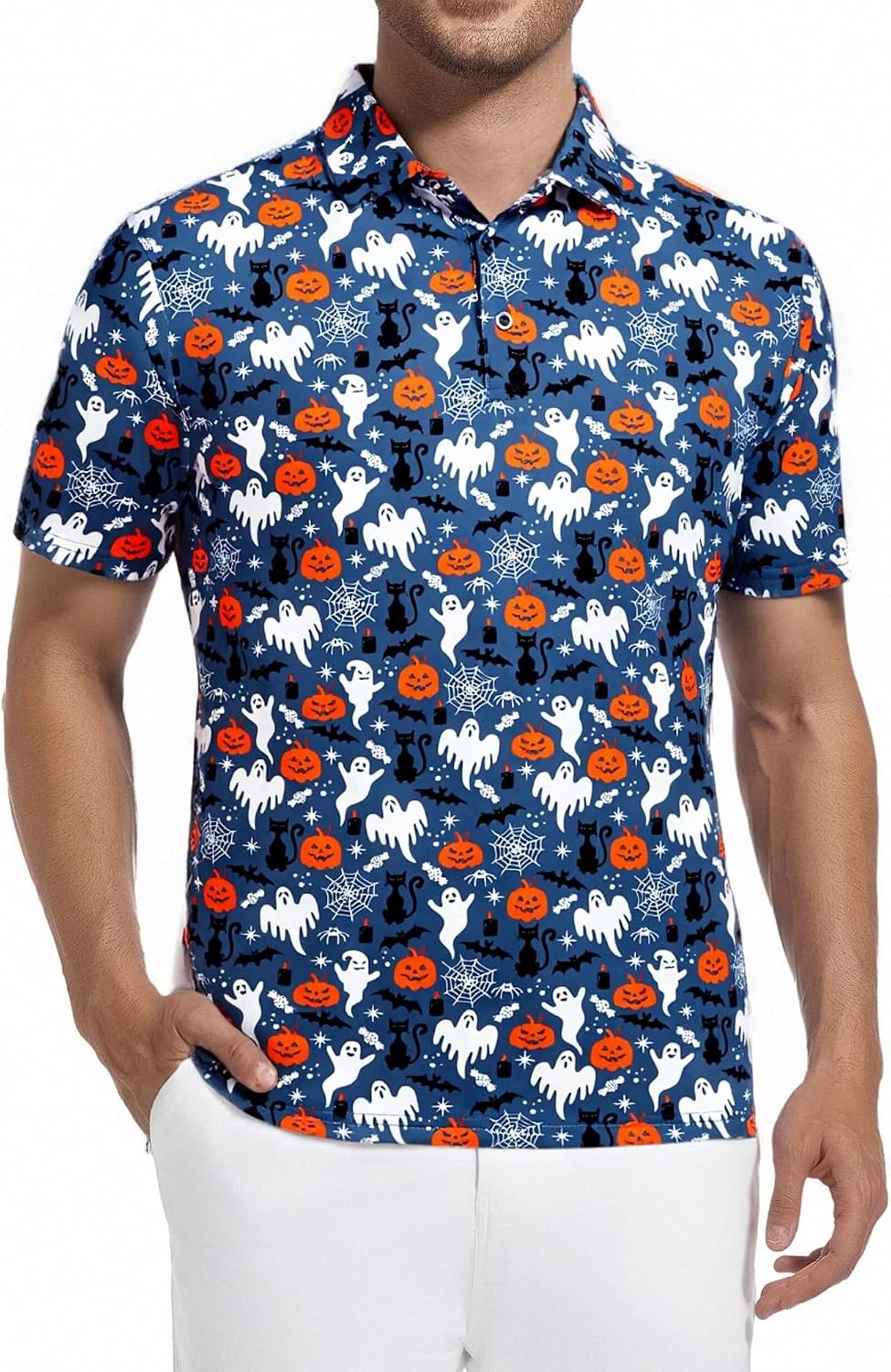 image:imageAlex Vando Mens Hawaiian Golf Shirt Moisture Wicking Digital Print Polo Tropical vivid patterns Sweatabsorbing Flexible stretch weave Side air slits Unrestricted daily activityDustyblue Pumpkin