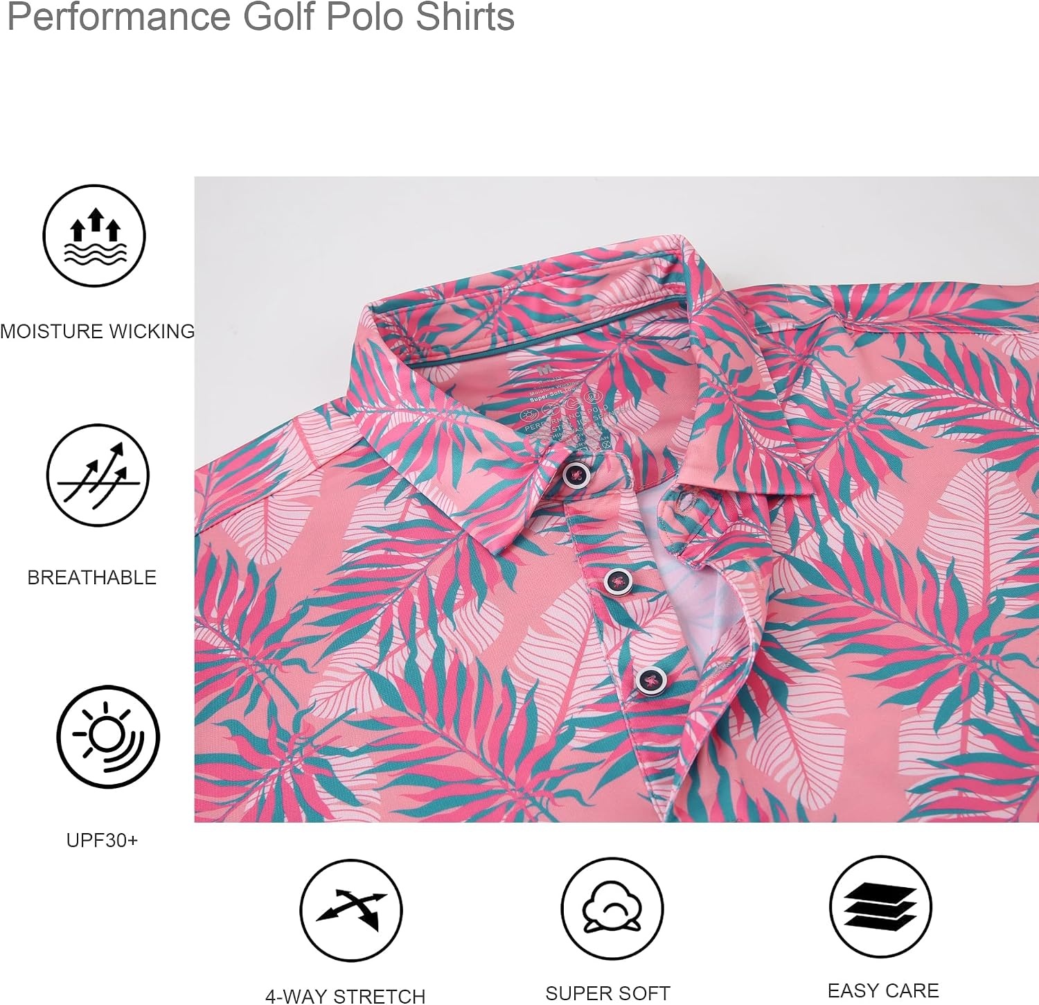 image:imageAlex Vando Mens Hawaiian Golf Shirt Moisture Wicking Digital Print Polo Tropical vivid patterns Sweatabsorbing Flexible stretch weave Side air slits Unrestricted daily activityPink Blue Palm Fronds