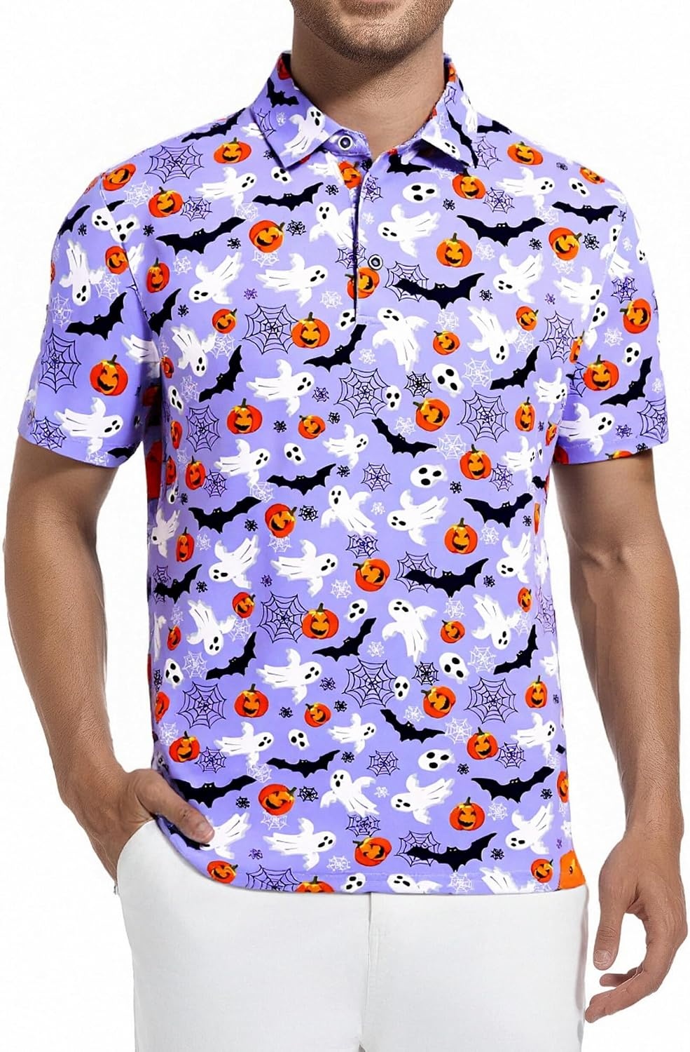 image:imageAlex Vando Mens Hawaiian Golf Shirt Moisture Wicking Digital Print Polo Tropical vivid patterns Sweatabsorbing Flexible stretch weave Side air slits Unrestricted daily activityPurple Pumpkin