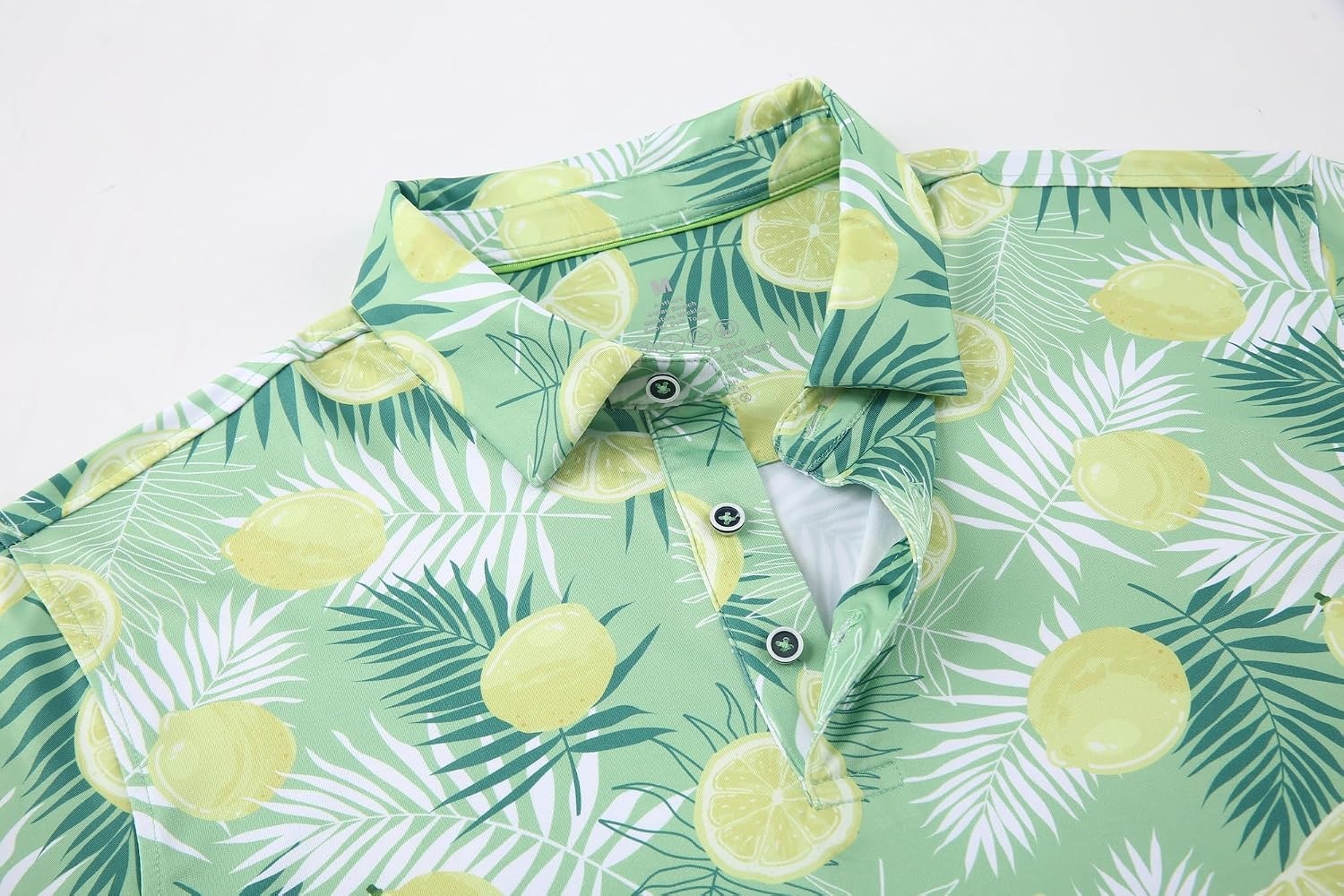 image:imageAlex Vando Mens Hawaiian Golf Shirt Moisture Wicking Digital Print Polo Tropical vivid patterns Sweatabsorbing Flexible stretch weave Side air slits Unrestricted daily activityGreen Lemon