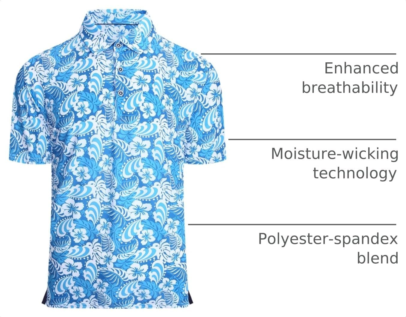 image:imageAlex Vando Mens Hawaiian Golf Shirt Moisture Wicking Digital Print Polo Tropical vivid patterns Sweatabsorbing Flexible stretch weave Side air slits Unrestricted daily activityTurquoise Leaf