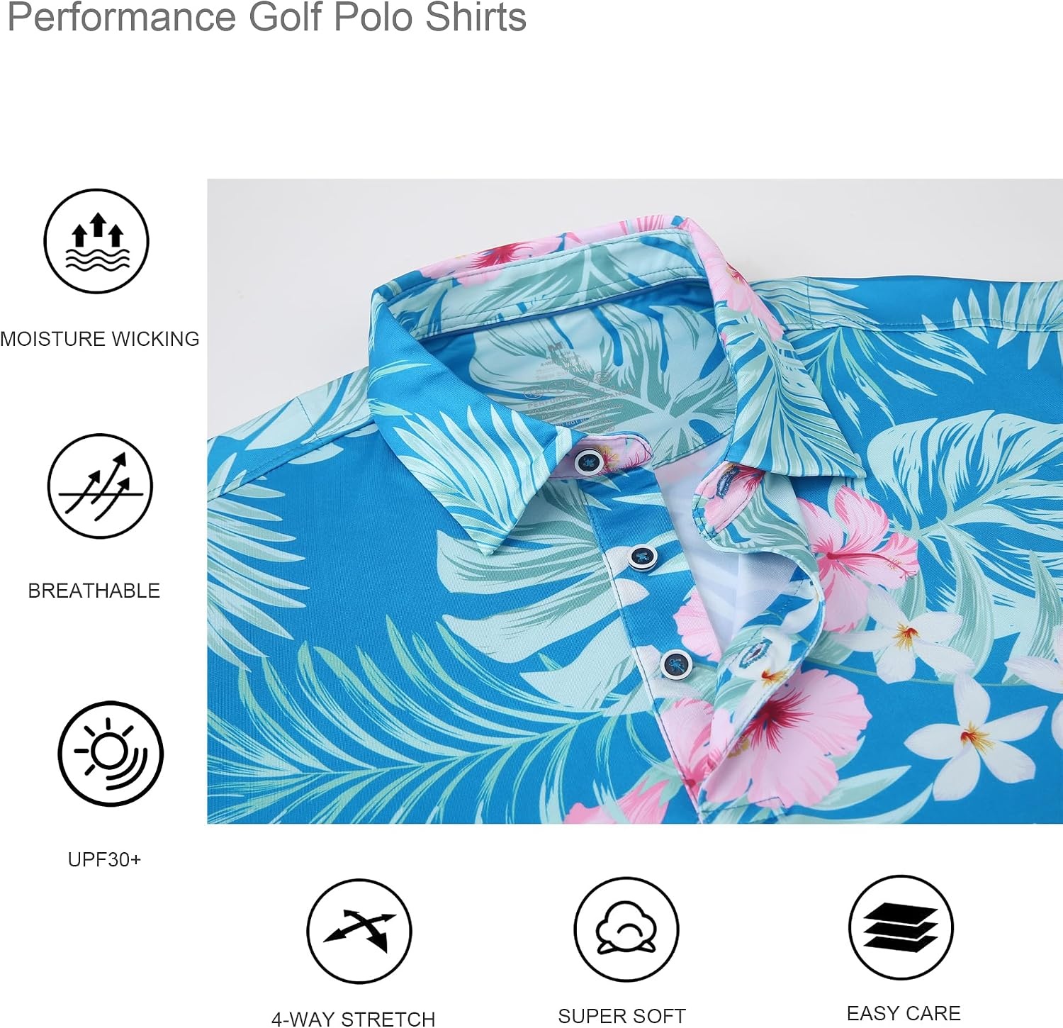image:imageAlex Vando Mens Hawaiian Golf Shirt Moisture Wicking Digital Print Polo Tropical vivid patterns Sweatabsorbing Flexible stretch weave Side air slits Unrestricted daily activityHibiscus Palm